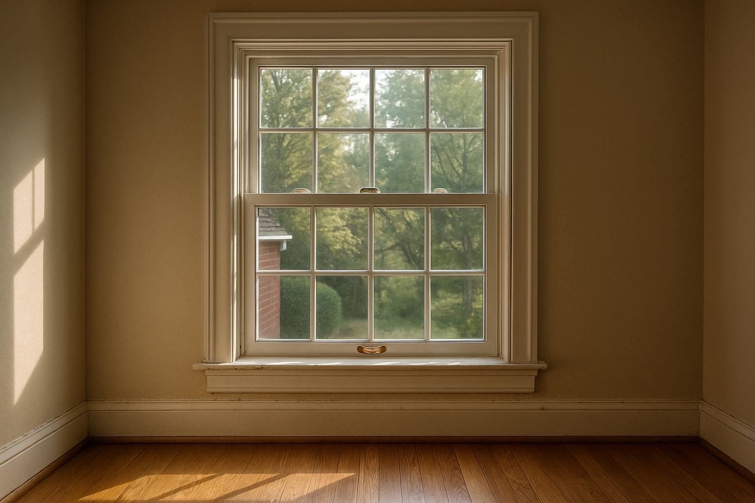 Newly installed double-hung replacement window with grilles in a Silver Spring, MD home, morning light on the oak floor